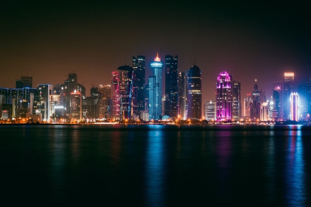 skyline, skyscraper, building, modern, nightlight, architecture, cityscape, travel, street, landscape, light, glow, nightlife