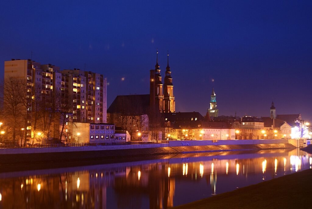 opole, the cathedral, opole cathedral, measles, night photo, at night, nightly, opole at night, measles by night, river at ni