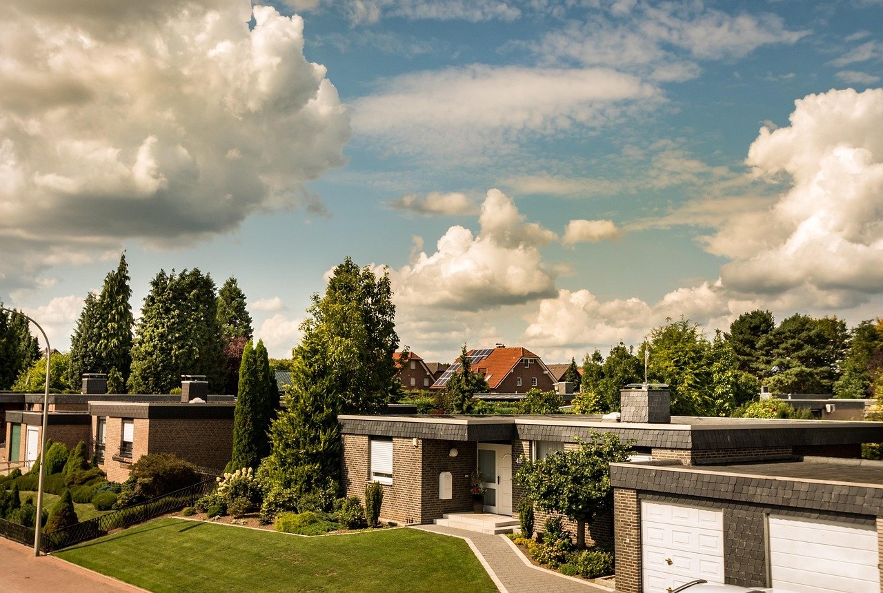 clouds, housing estate, road, village, locality, traffic-calmed, heaven, architecture, exterior view, family-house, bungalow,