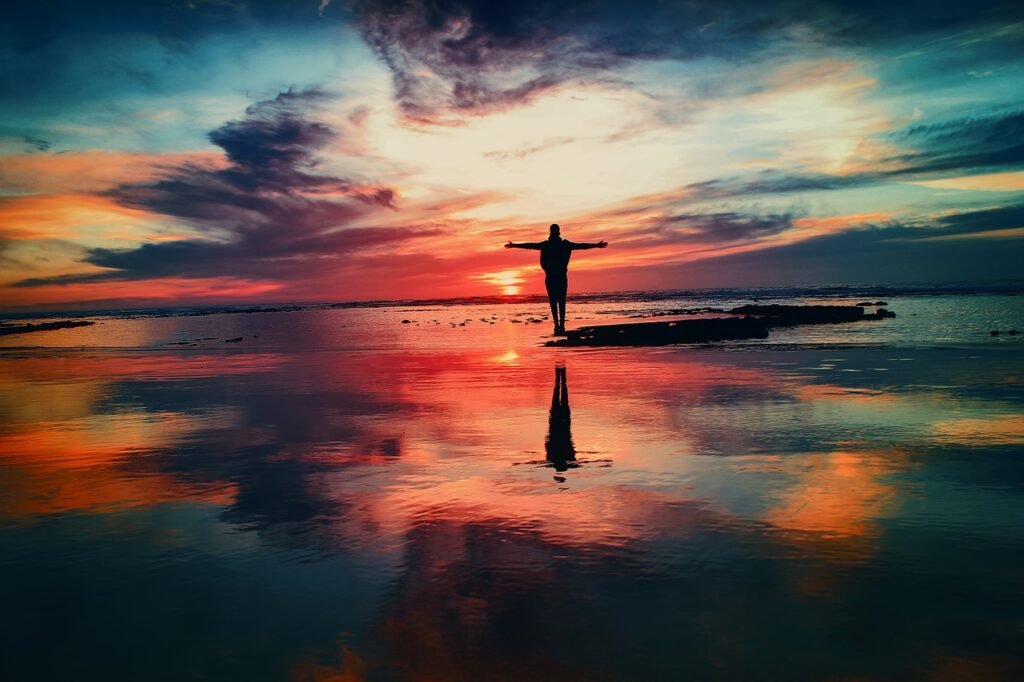 ocean, sunset, person, silhouette, freedom, seo, beach, dawn, dusk, nature, twilight