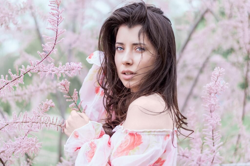 woman, beautiful flowers, brunette, model, portrait, fashion, female, nature, flora, flowers, outdoors, style, flower backgro