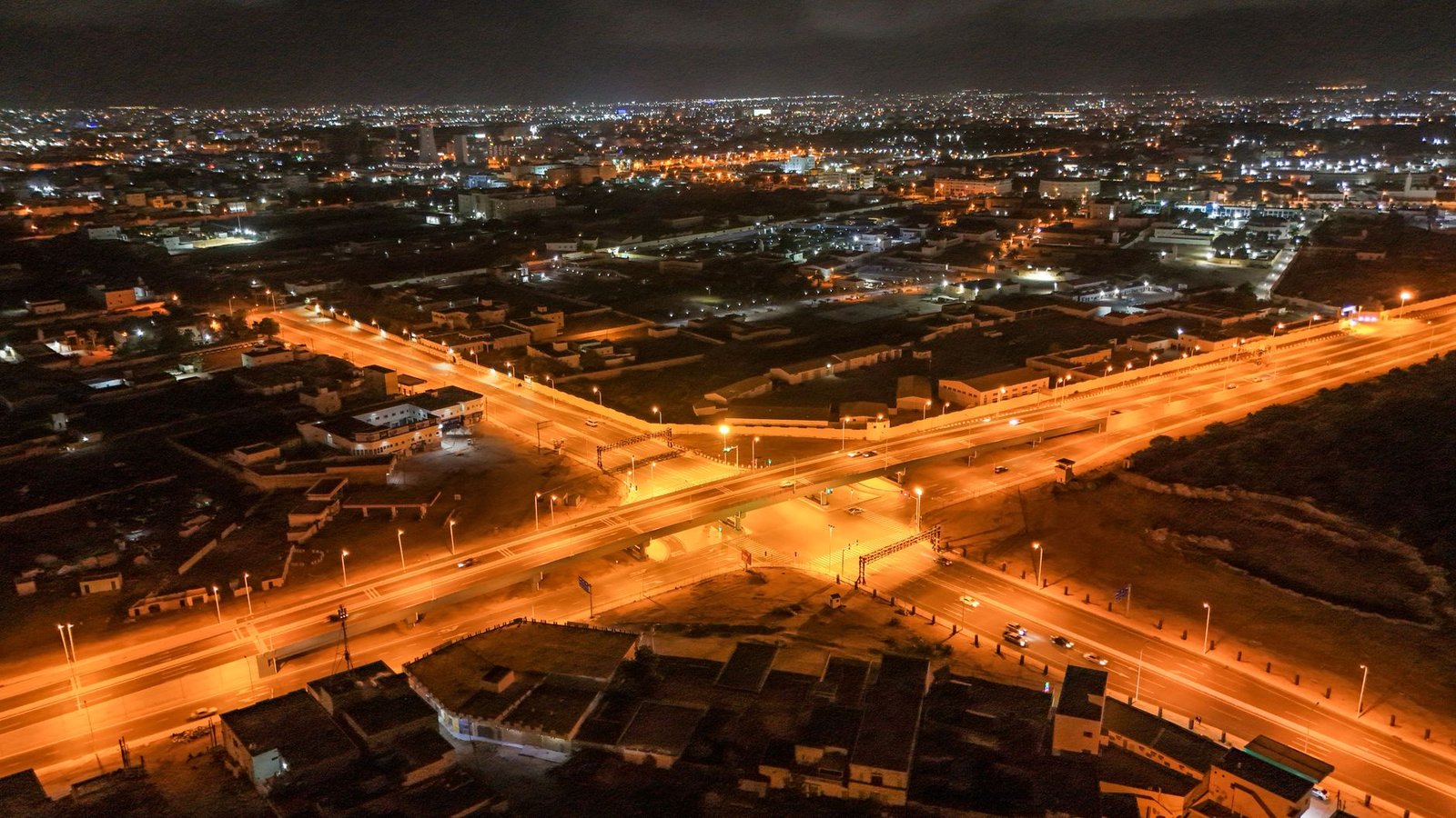 Stunning aerial view of illuminated streets in Nouakchott, Mauritania during nighttime.