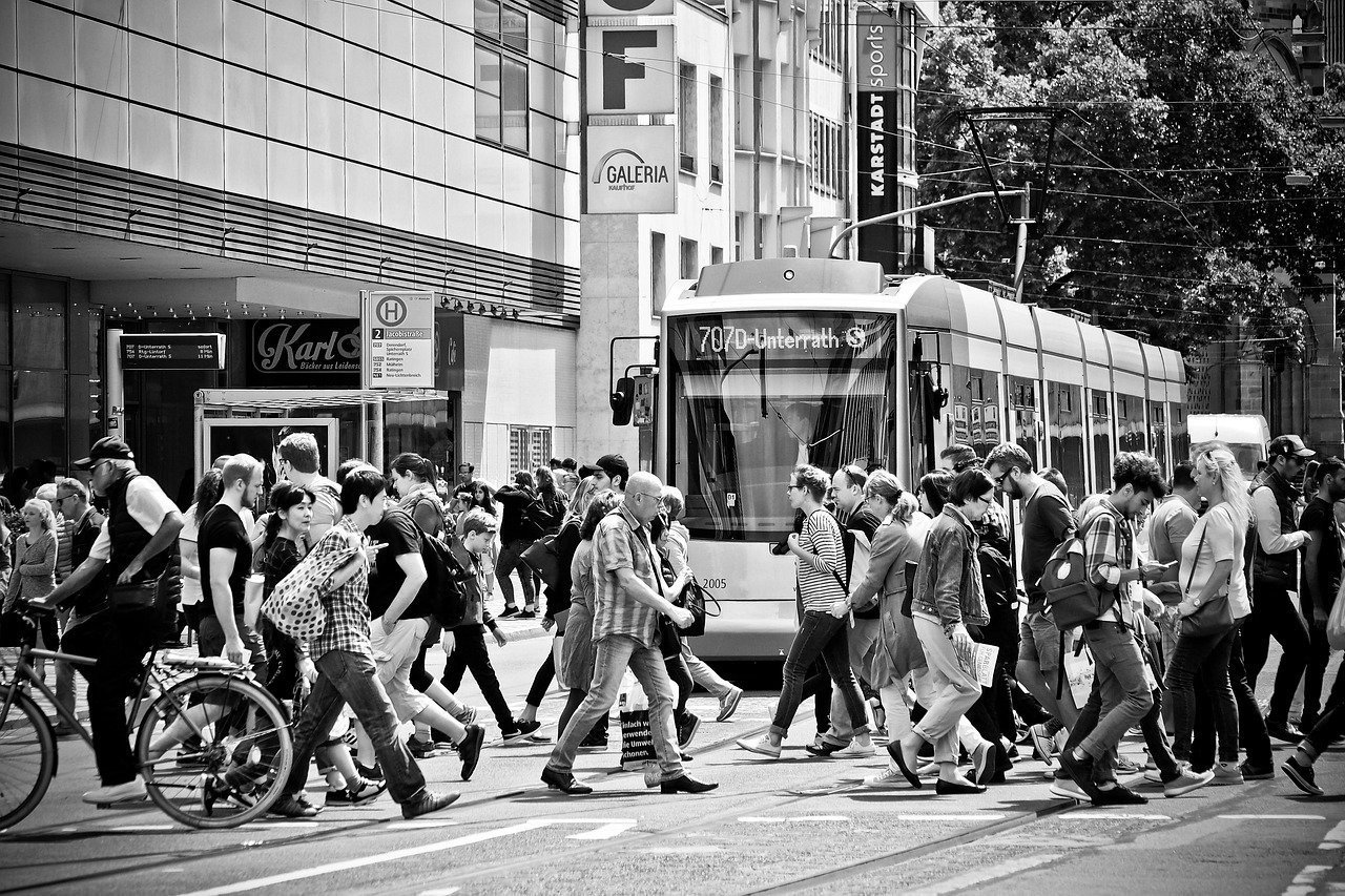 road, tram, city, traffic, downtown, rail, streetscape, black-and-white, street, street photography, urban, scene, everyday s