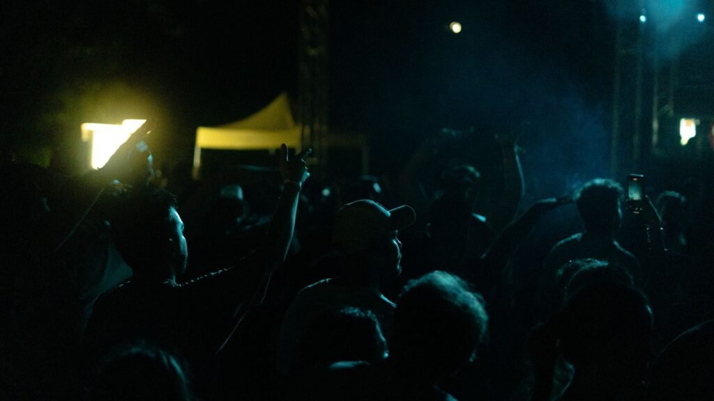 Vibrant crowd enjoying a lively night concert in Istanbul, Türkiye.