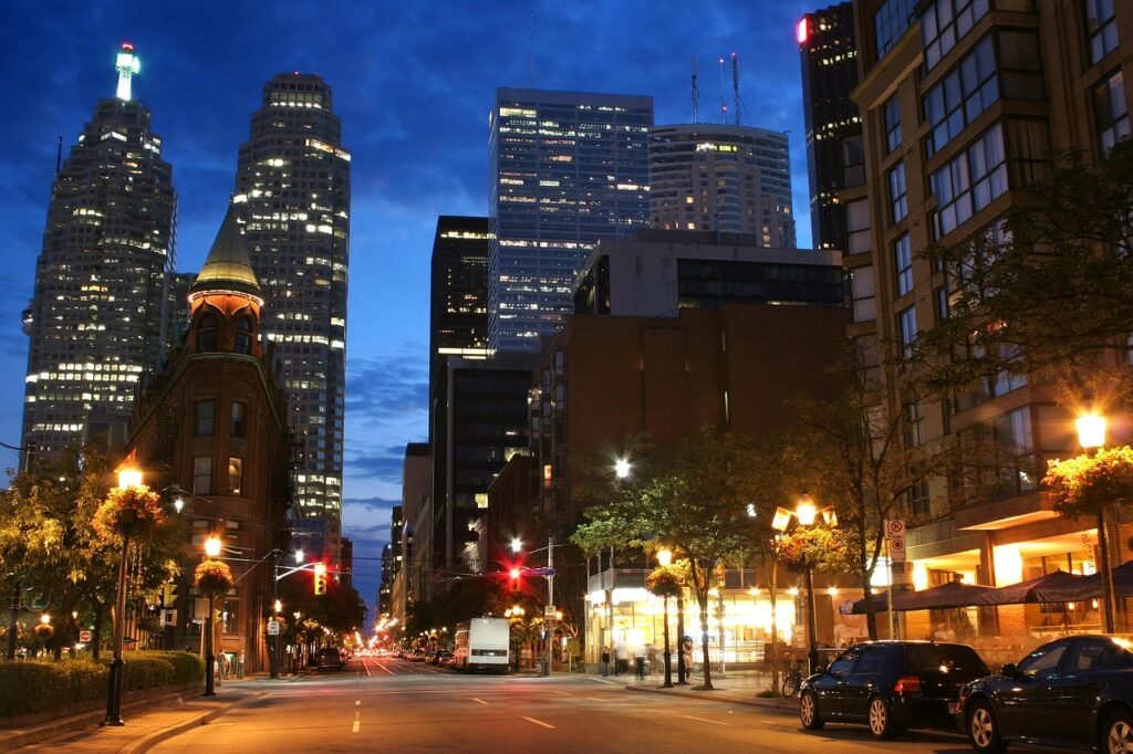 downtown, street, toronto, dusk, building, skyscraper, lights, evening, district, business, urban, city, town, brown business