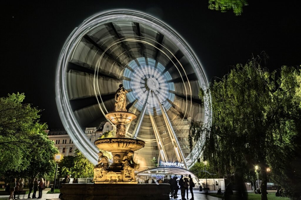 ferris wheel, night life, urban, architecture, outdoors, city, budapest, hungary, downtown, budapest, budapest, budapest, bud