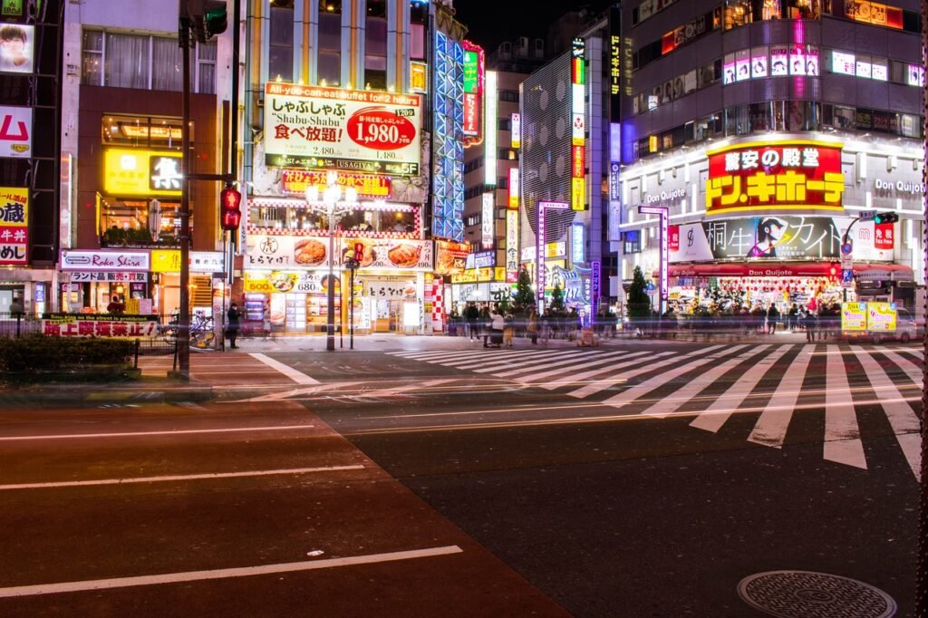 japan, nightlife, nightscape, city, lights, street, crossing, shopping, intersection, busy, nightscape, nightscape, nightscap