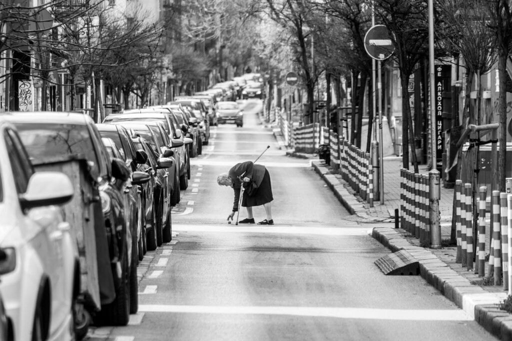 urban, black and white, car wallpapers, elderly woman, road, puddle, rainy weather, traffic sign, crosswalk, weather, parking
