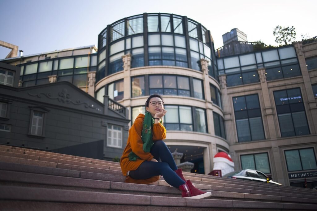 white street, urban area, street, ladder, girl, business center