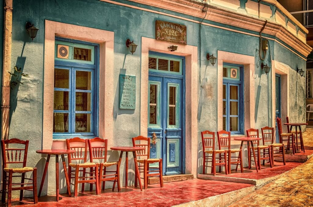 cafe, building, nature, greece, karpathos island, facade, architecture, chairs, tables, front, windows, door, restaurant, emp