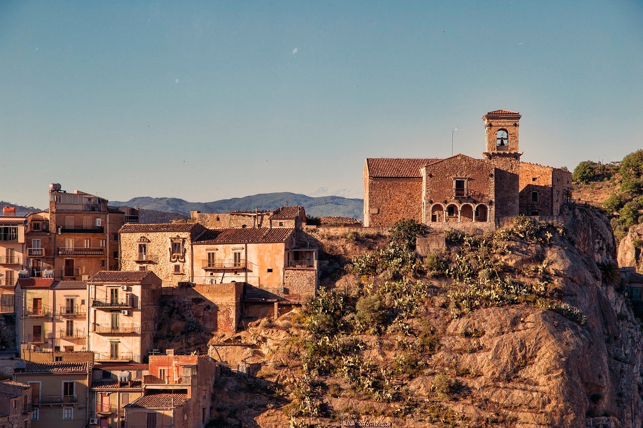 houses, town, village, buildings, sicily, facade, italy, city, architecture, old town, church, mediterranean, cliff, cathedra