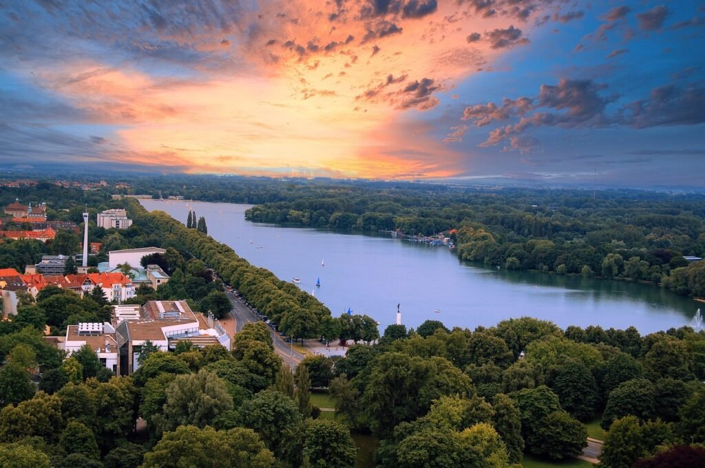 lake maschsee, hanover, sunset, water, ndr, nature, riverbank, town hall view, trees, south city