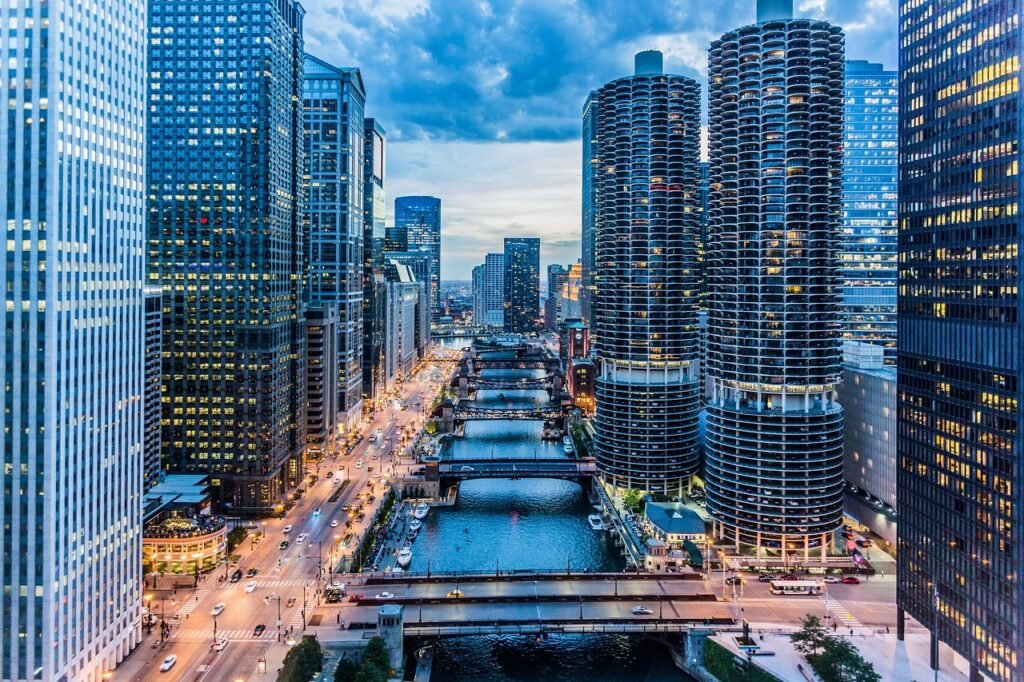 river, bridges, buildings, structures, infrastructures, architecture, skyline, skyscrapers, cityscape, city, city lights, ill
