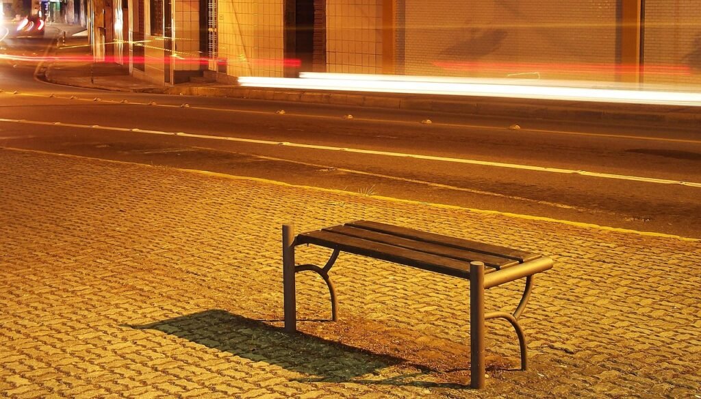 street, bench, at, night, park, road, highway, seat, chair, place, space, seating, seating accommodation