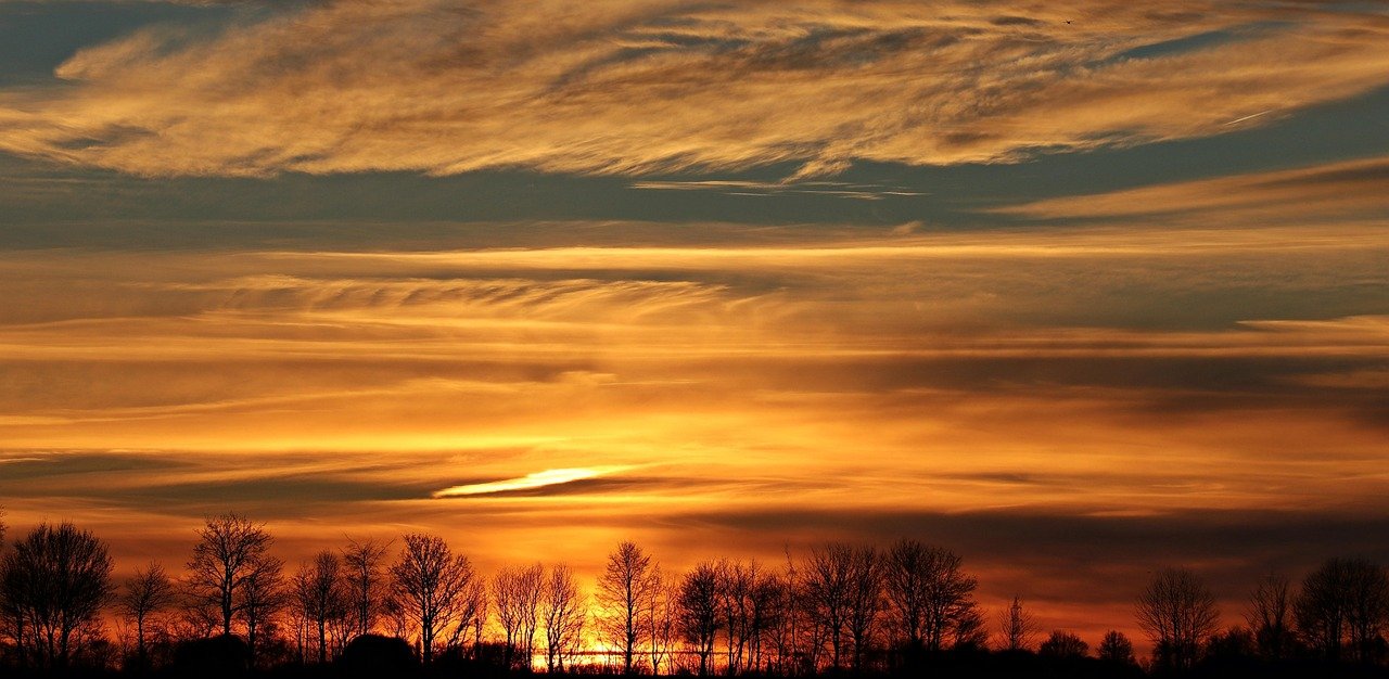 sunset, sun, evening sky, clouds, evening atmosphere, setting sun, panorama, heaven, afterglow, trees, romance, mood, sunligh