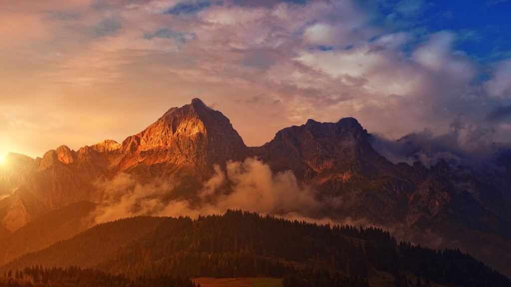 mountain, sunset, panorama, dawn, landscape, alps, austria, heaven, nature, lighting mood, sunbeams, evening sky, mood, eveni
