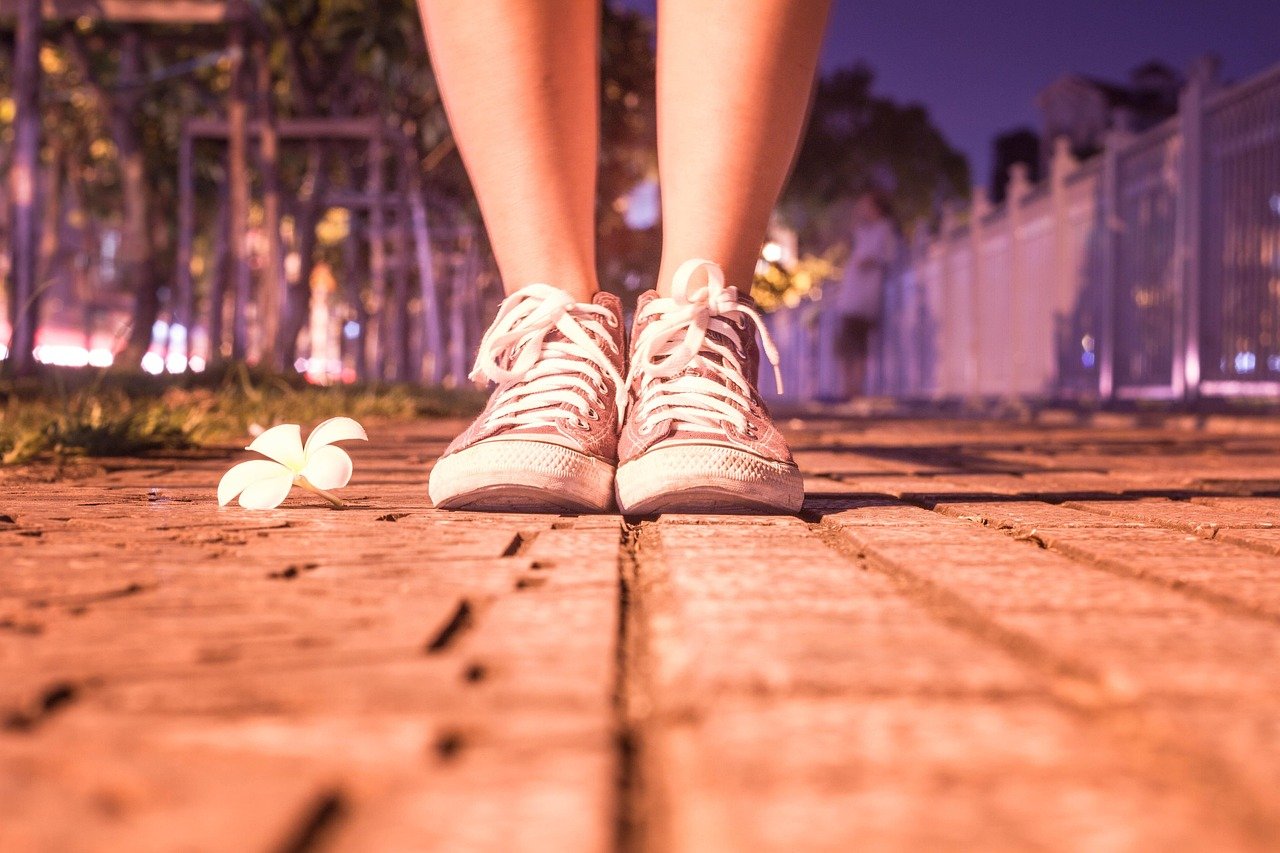 alone, feet, shoes, laces, sneakers, casual, leisure, girl, night, pavement, standing, alone, feet, feet, shoes, shoes, shoes