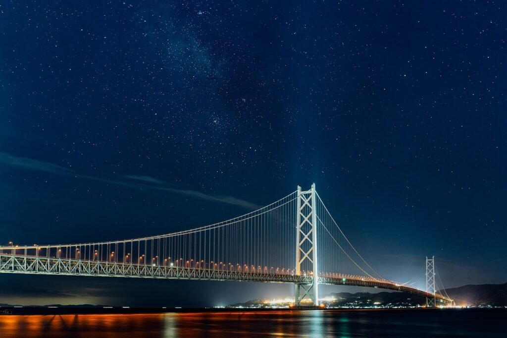 bridge, night view, the akashi-kaikyo bridge, starry sky, milky way, the longest suspension bridge in the world, japan, lands