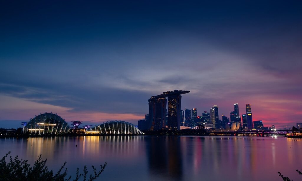 singapore, skyline, nature, sunset, cityscape, waterfront, urban