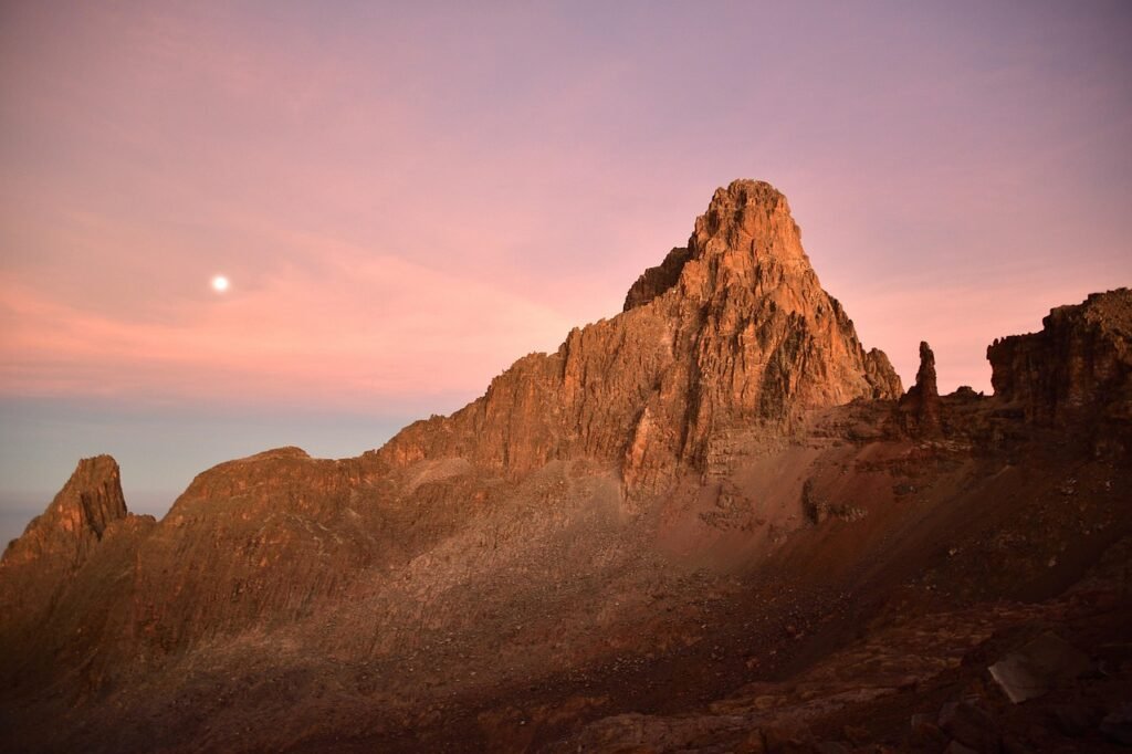 mount kenya, sunset, mountain, peak, night sky, sunrise, moon, landscape, flora, kenya, africa, nature, sky, wilderness, outd