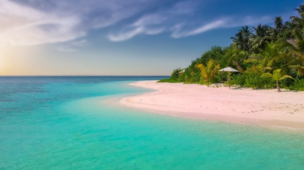 beach, paradise, island, palm trees, ocean, romantic, sunset, seascape, sea, summer, bathing, nature, holiday, sandy beach, v