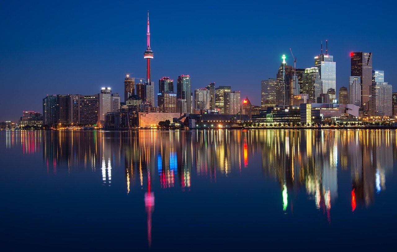 buildings, cn tower, nature, river, waterfront, illuminated, city lights, cityscape, skyline, skyscrapers, architecture, refl