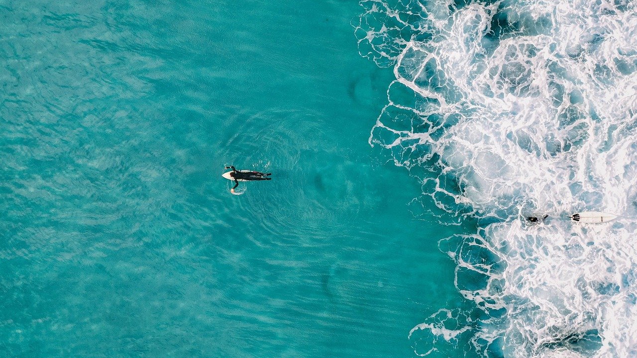 blue, beach, surf, travel, surfer, drone, view, ocean, aerial, summer, wave, surfing, nature, fun, sea, water, top, turquoise