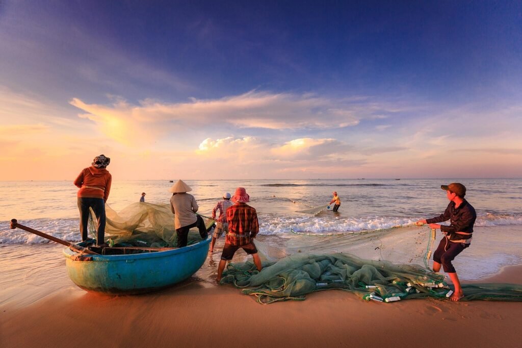 fishermen, beach, boat, fishing, sea, nature, asia, vietnam, fishing net, dawn, sunset, fishing boat, shore, seashore