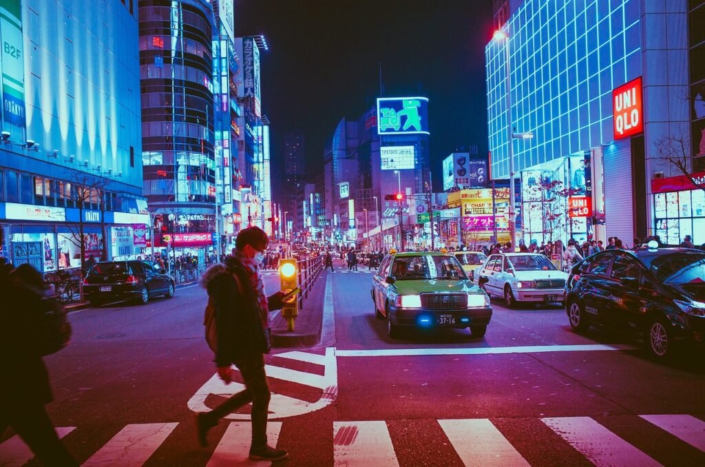 japan, osaka, pedestrians, crossing, pedestrian crossing, traffic, streets, city streets, illuminated, city lights, shopping