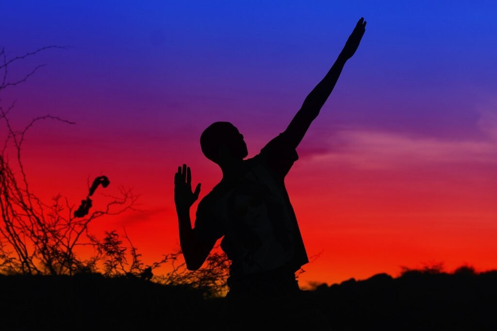 silhouette, sunset, sky, dawn, dusk, sun, evening, nature, young man, africa, african, kenya, kenyan, adult, backlight