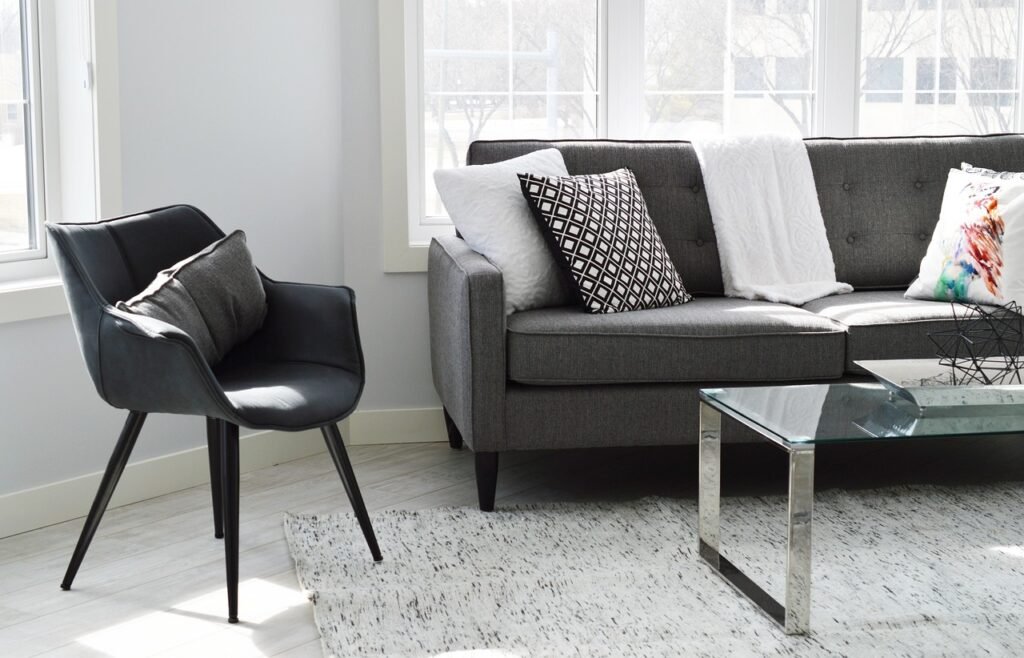 living room, chair, sofa, couch, home, condo, living room interior, furniture, modern, table, windows, decor, white, style, a