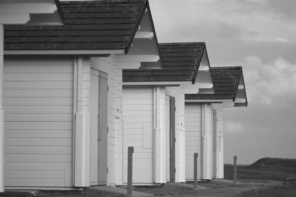 huts, shacks, nature, sheds, wood, wooden, timber, beach, coast, sea, seaside, coastal, monochrome, black and white, landscap