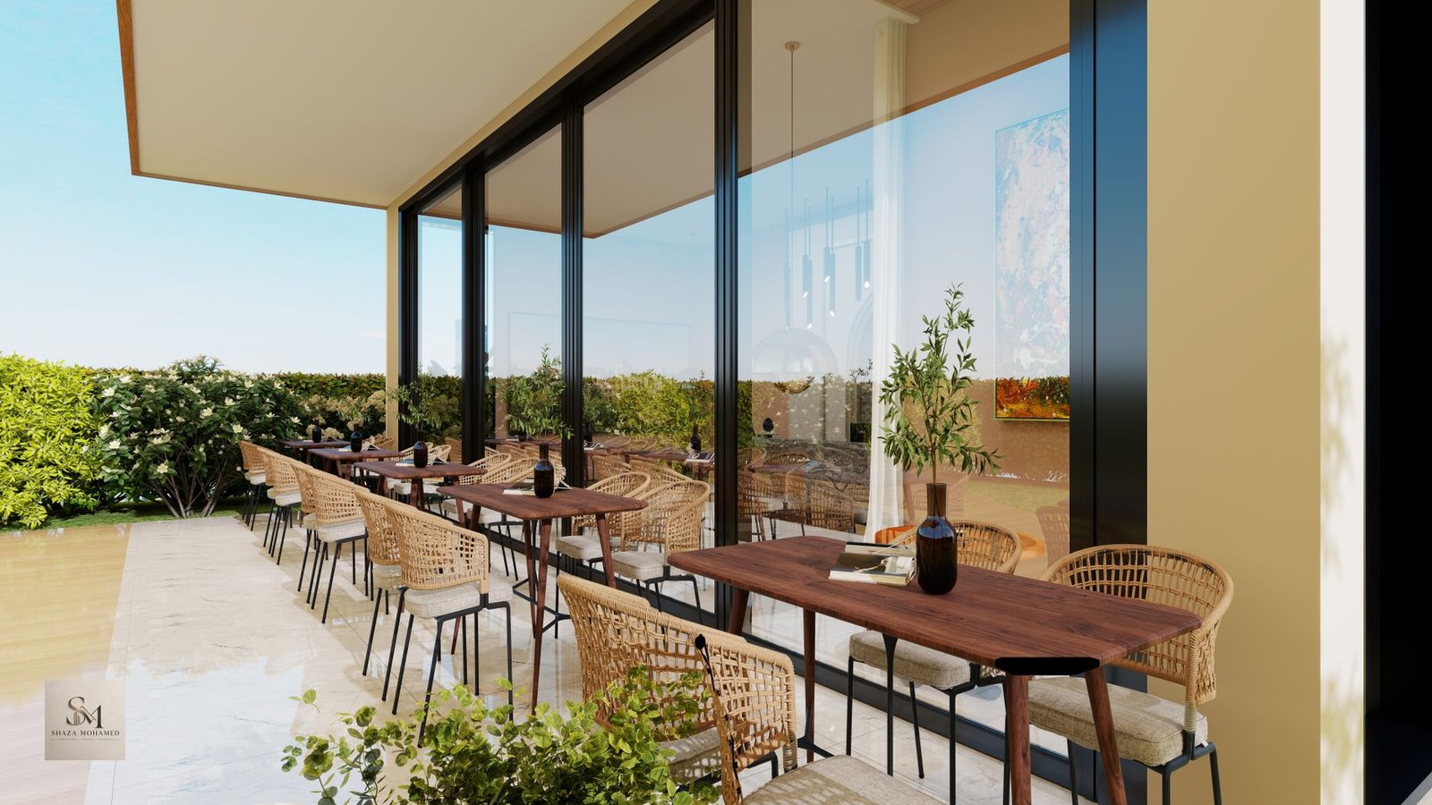 Beautiful modern cafe terrace with elegant wicker chairs and wooden tables, perfect for dining.