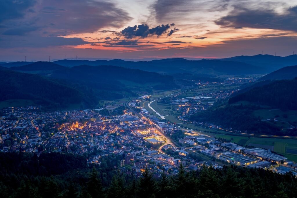 buildings, town, road, hills, sunset, evening, black forest, houses, city, germany, architecture, forest, clouds, nature, daw