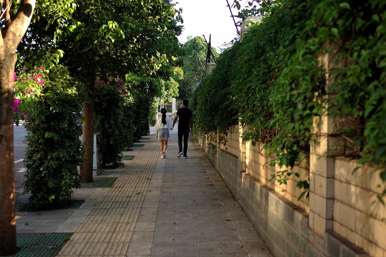 couple, street, sidewalk, pavement, trees, neighborhood, nature, lovers, walk, road