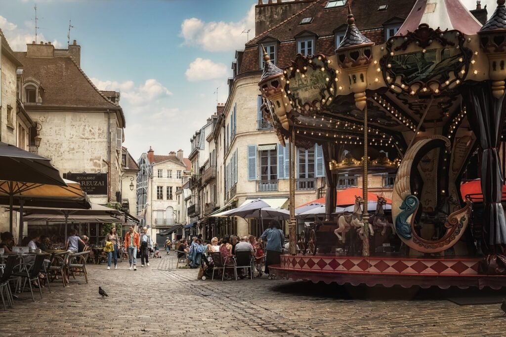 carousel, old town, urban, dijon, france, street, pedestrian zone, people, downtown, shopping street, city, old, historical,