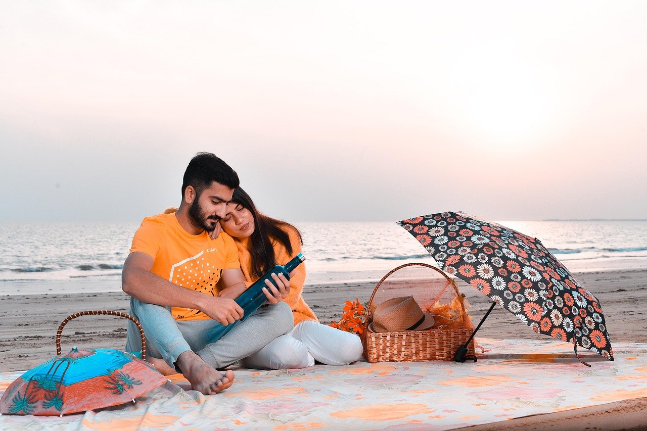 beach, couple, picnic, sea, nature, ocean, date
