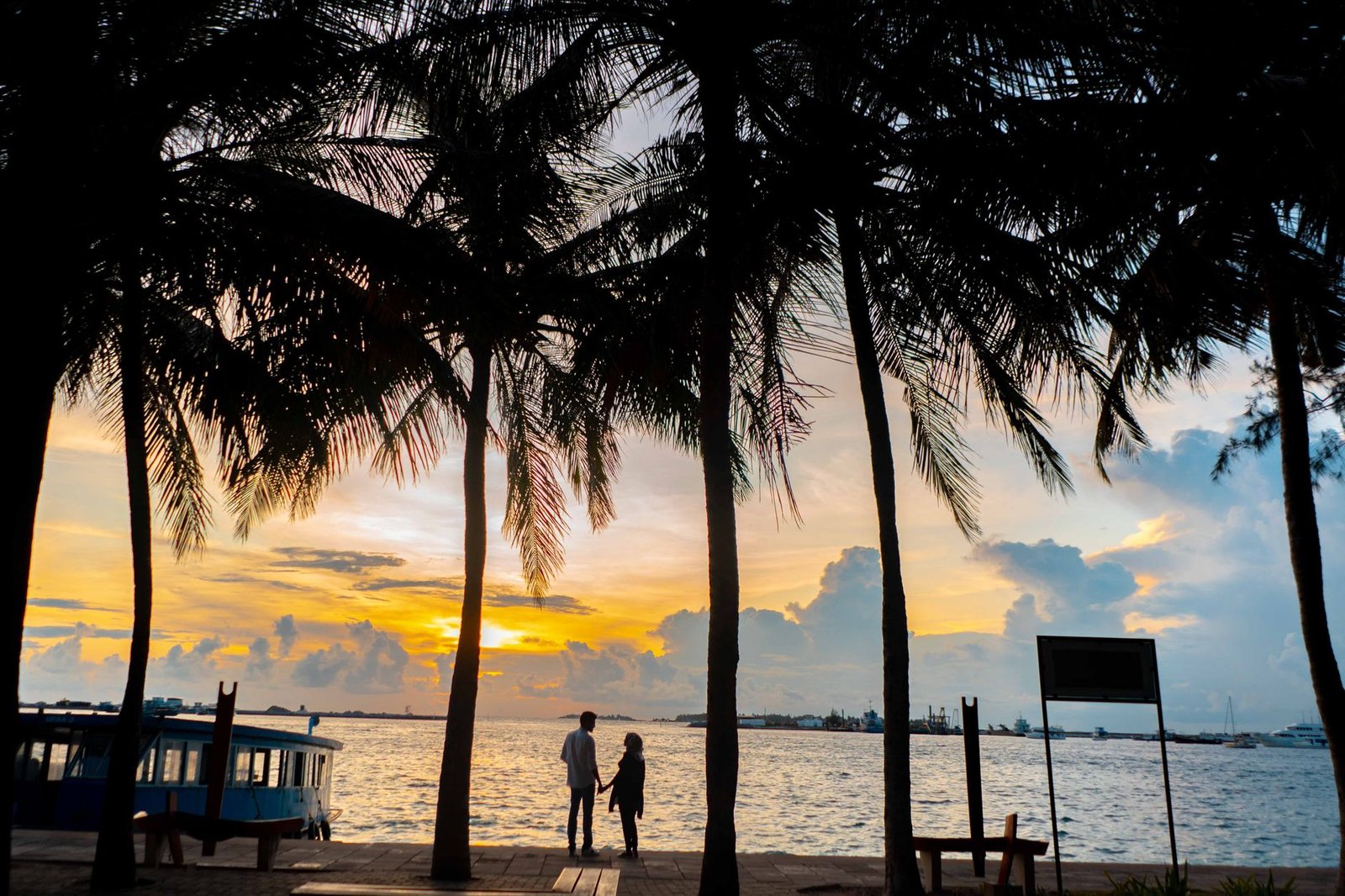 Couple enjoying a peaceful sunset by the beach surrounded by palm trees.