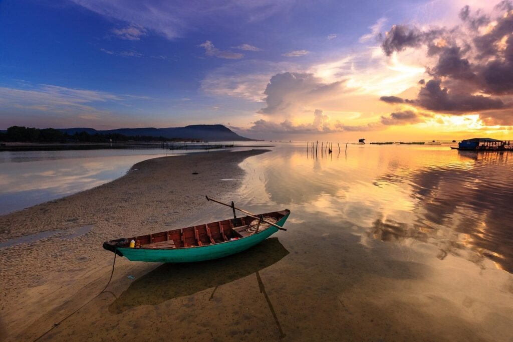 sunset, boat, beach, fishing boat, seashore, twilight, nature, dusk, scenic, asia, vietnam