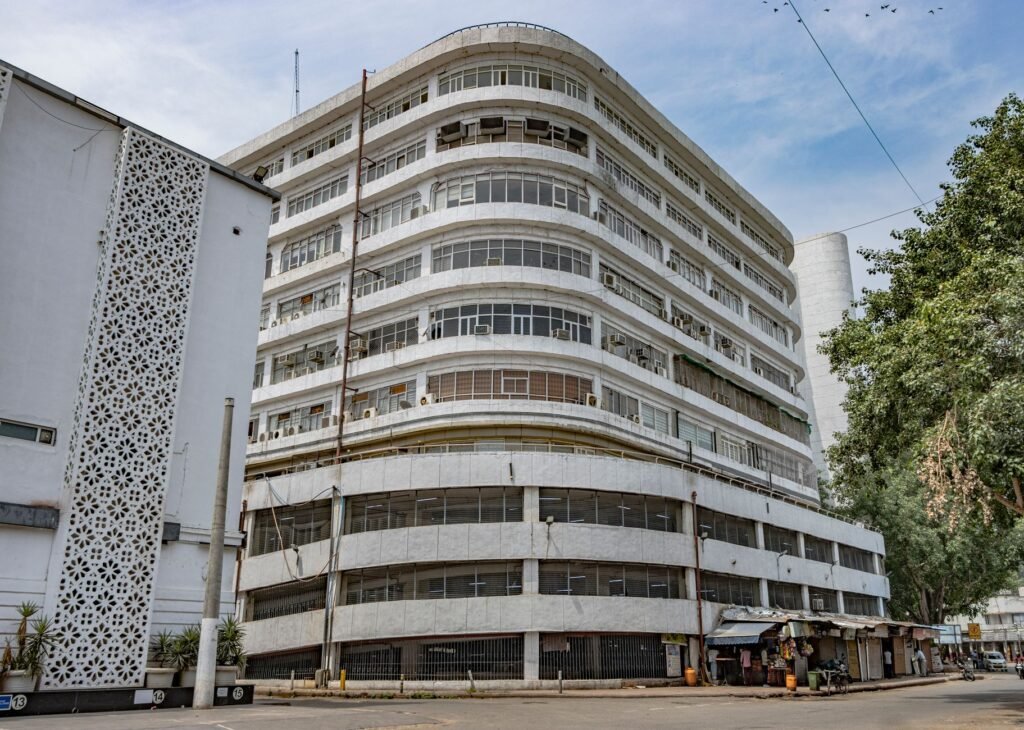 Brutalist architectural building captured in New Delhi, showcasing unique design and aesthetics.