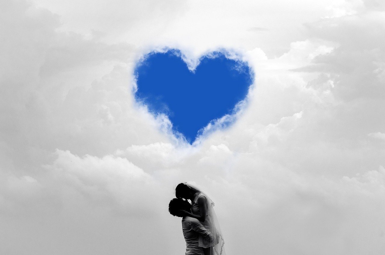 pair, nature, a heart, clouds, human, woman, together, love, sky, day, people, female, man, girl, young, romantic, romance, v
