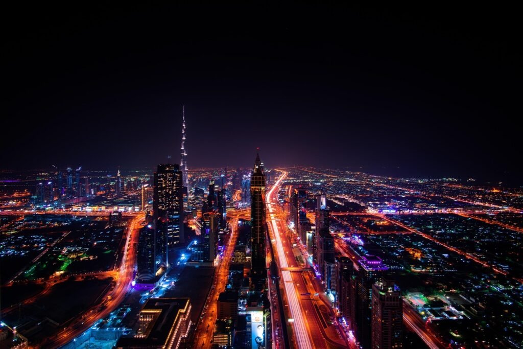 dubai, skyscraper, city lights, skyline, aerial view, city view, night photography, urban landscape, cityscape, emirates, tra