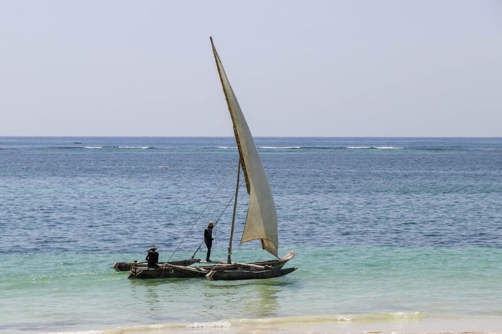 africa, kenya, diani beach, nature, boat, sea, fisherman, beach
