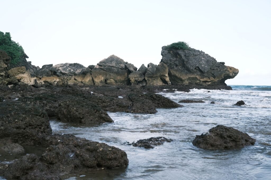 Dramatic rocky coastline with unique formations and gentle waves under a clear sky.
