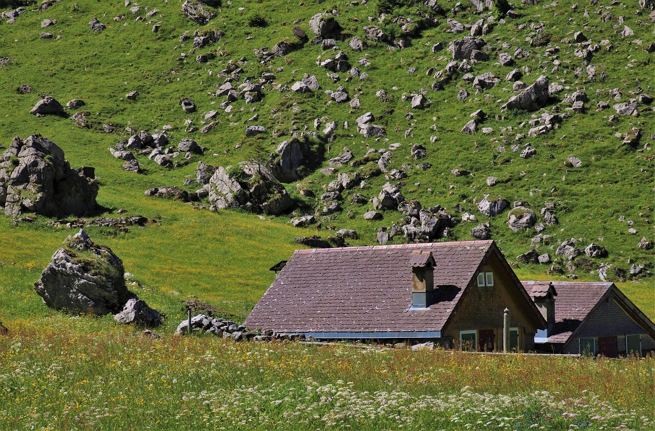 wooden house, cabin, hat, rustic, the roof of the, rocks, trail, the alps, wilderness, in the morning, hill, grassy slope, th