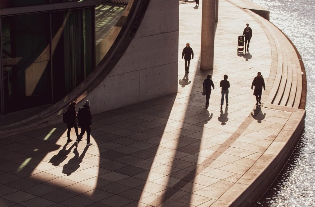 people, road, the shade, light, building, urban
