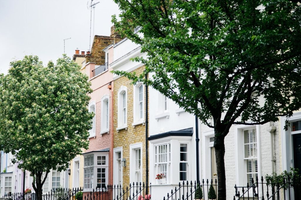 trees, houses, neighbourhood, nature, neighborhood, windows, shutters, railing, street