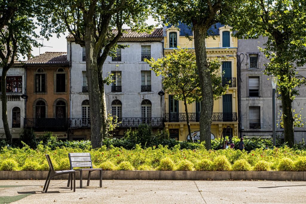 neighbourhood, houses, buildings, street, park, france