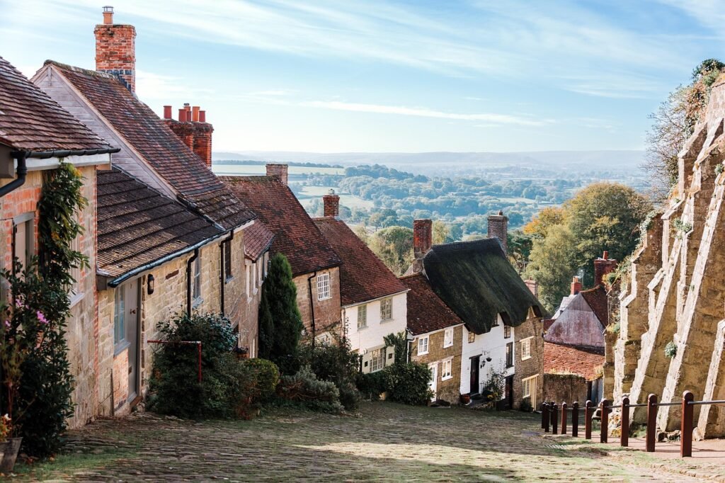 village, houses, street, old houses, old buildings, cobbled street, steep, town, gold hill, shaftesbury, england, britain, uk