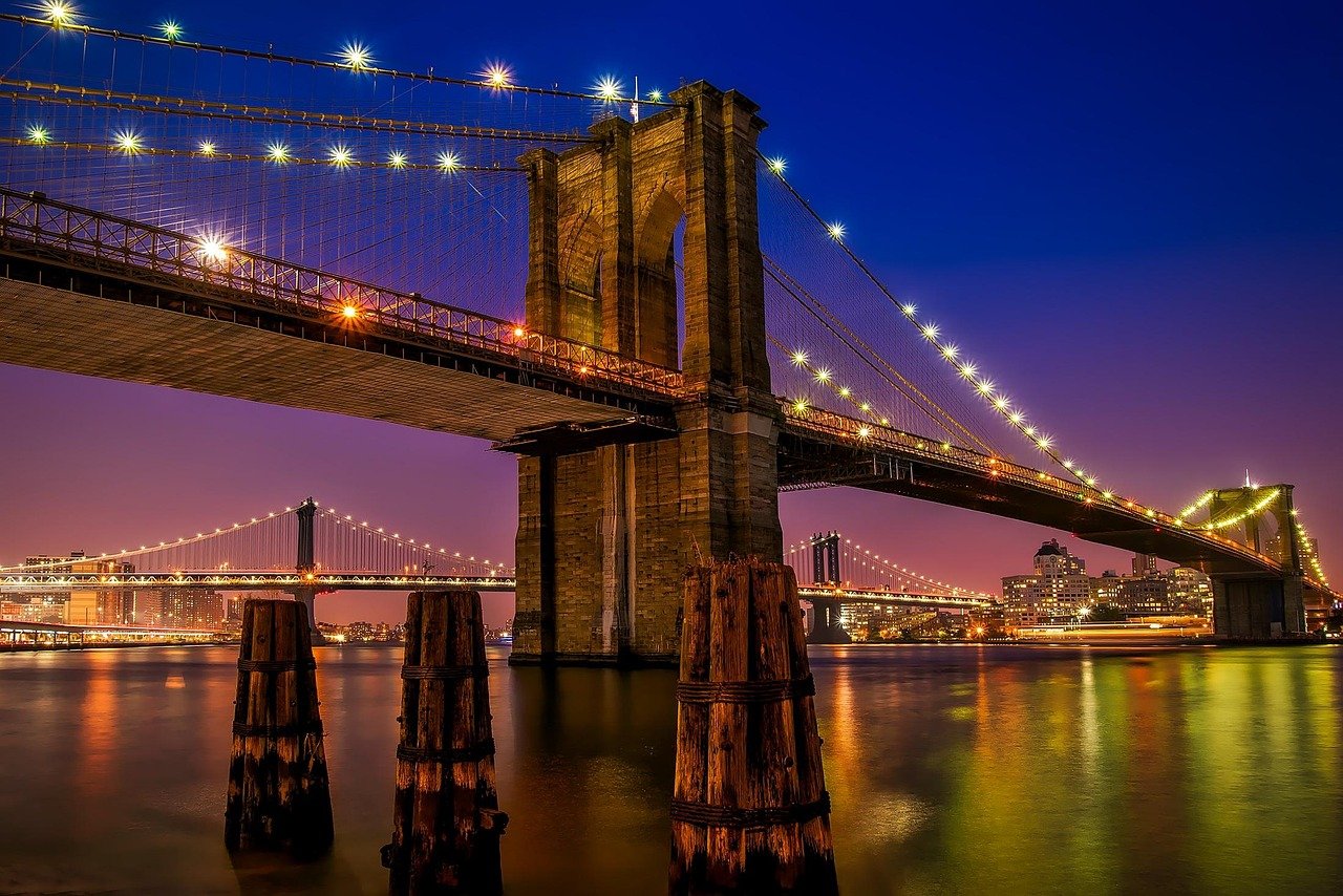 brooklyn bridge, river, illuminated, city lights, bridge, architecture, nature, city, landmark, new york city, urban, hudson,
